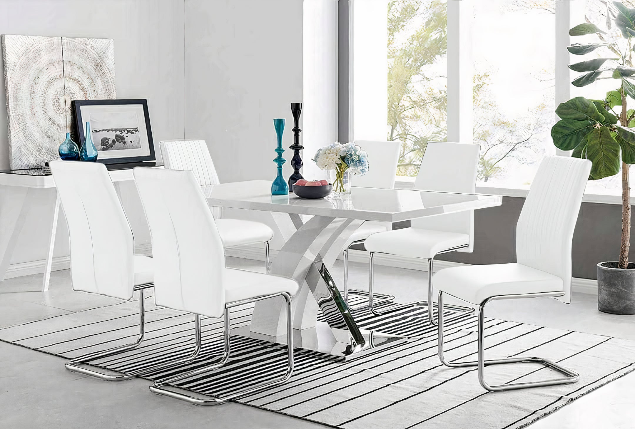 6 Seater Dining Table With Chairs - Dining Table and Chairs for 6 (Glossy Table + 6 Lorenzo Leather Chairs) White