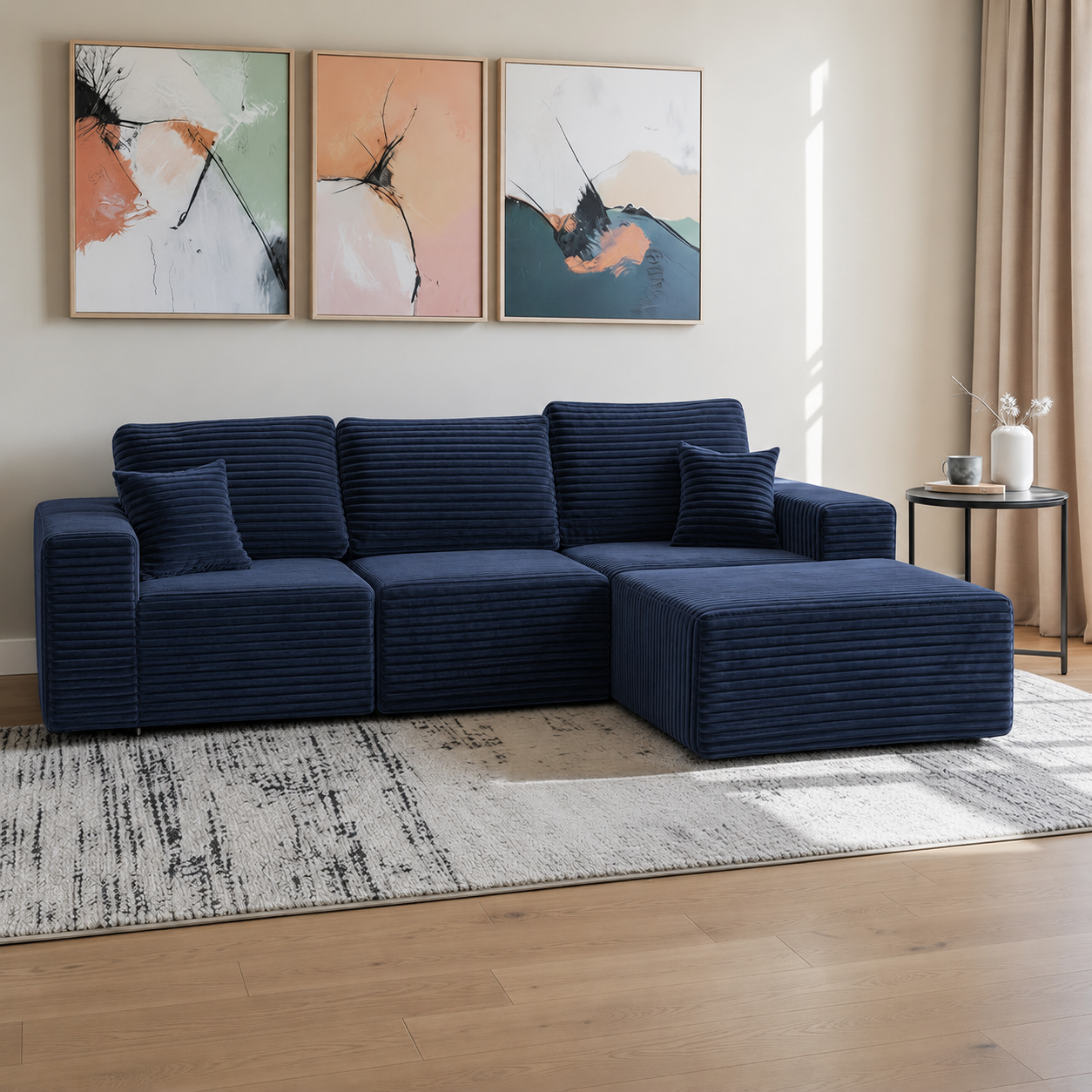 UNICORN FURNITURE Modular Cloud Sofa Bed in a Box – 275cm L-Shaped Boneless Couch, Deep Seat Memory Foam Sectional Sofa, Pet Friendly Corduroy Corner Sofa with Chaise (Blue)