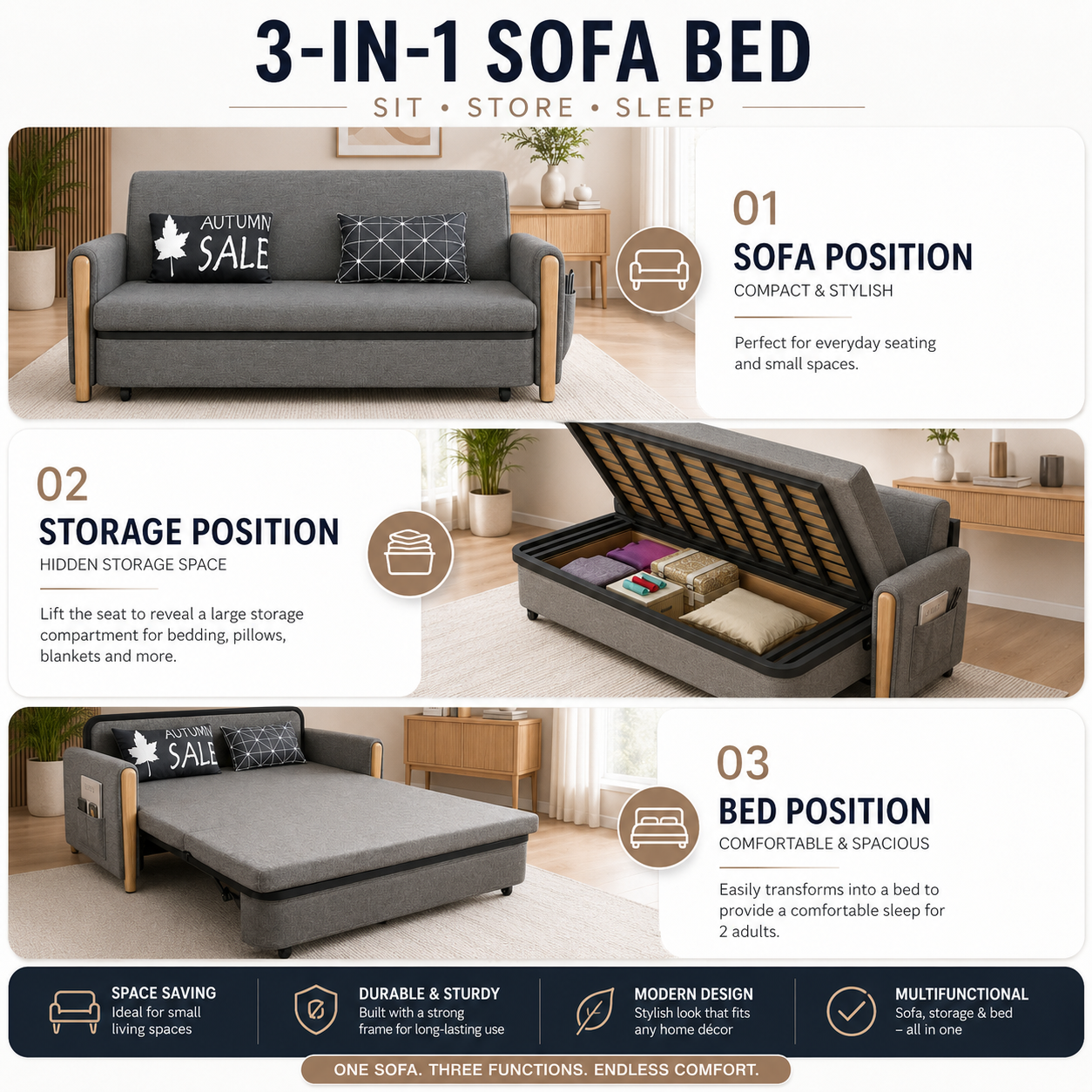 Unicorn Furniture Sofa Bed Modern Reclining Foldable Bed Pull Out Sofa Bed With Storage