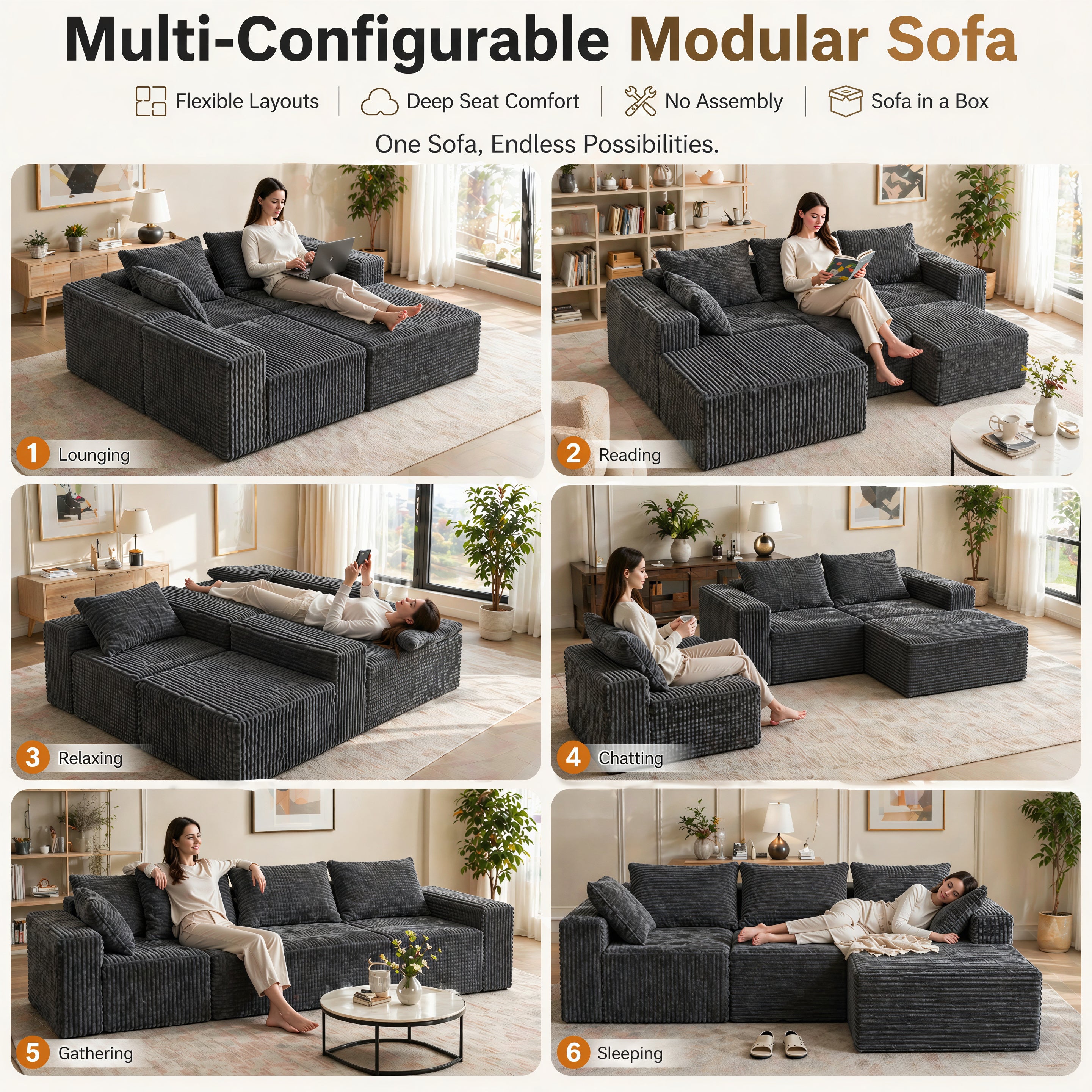 UNICORN FURNITURE Modular Cloud Sofa Bed in a Box – 275cm L-Shaped Boneless Couch, Deep Seat Memory Foam Sectional Sofa, Pet Friendly Corduroy Corner Sofa with Chaise (Dark Grey)