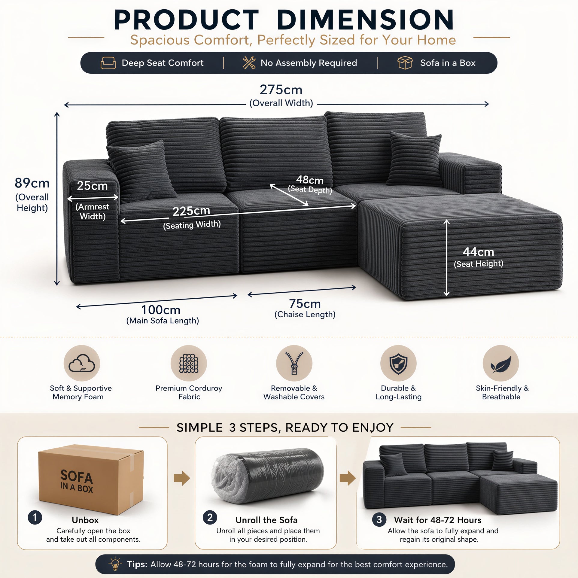 UNICORN FURNITURE Modular Cloud Sofa Bed in a Box – 275cm L-Shaped Boneless Couch, Deep Seat Memory Foam Sectional Sofa, Pet Friendly Corduroy Corner Sofa with Chaise (Dark Grey)