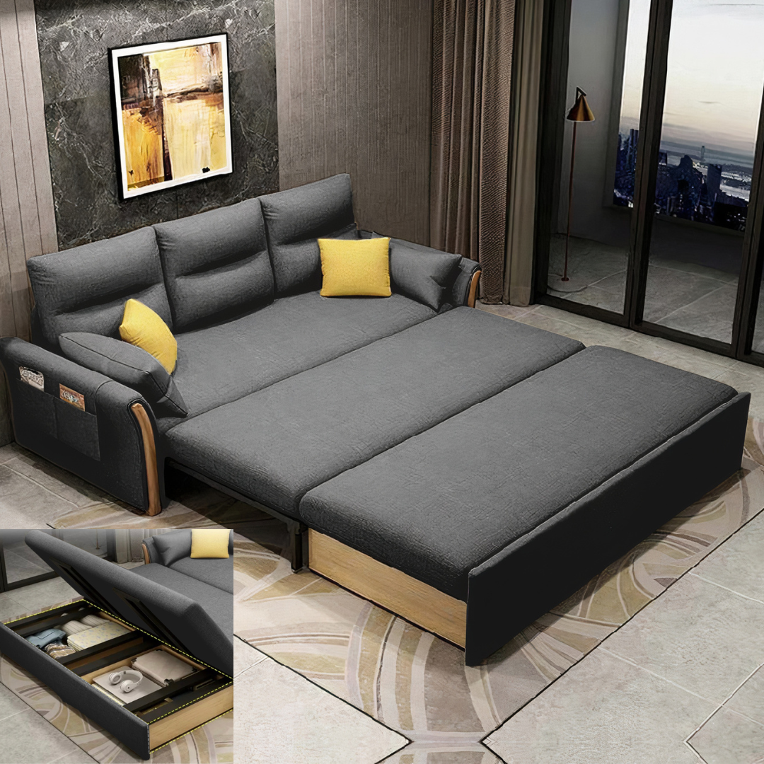 Unicorn Furniture Convertible Sofa Bed King Size Pull Out Sofabed with Storage in Cotton Fabric, Tool-Free Assembly, Modern Reclining Sleeper Couch for Living Room, Guest Room & Small Spaces (Grey)