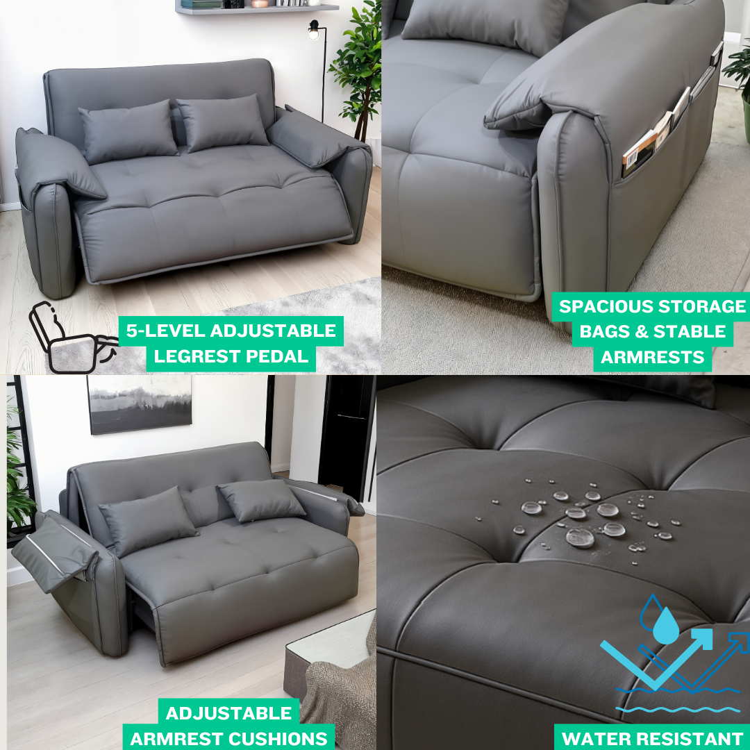 UNICORN FURNITURE Elephant Style Pull Out Sofa Bed Remote Control Recliner Motorised 3-Seater Pull Out Sofa Bed with Storage in Faux Leather with 5-Speed Adjustable Legrest, Ergonomic Support