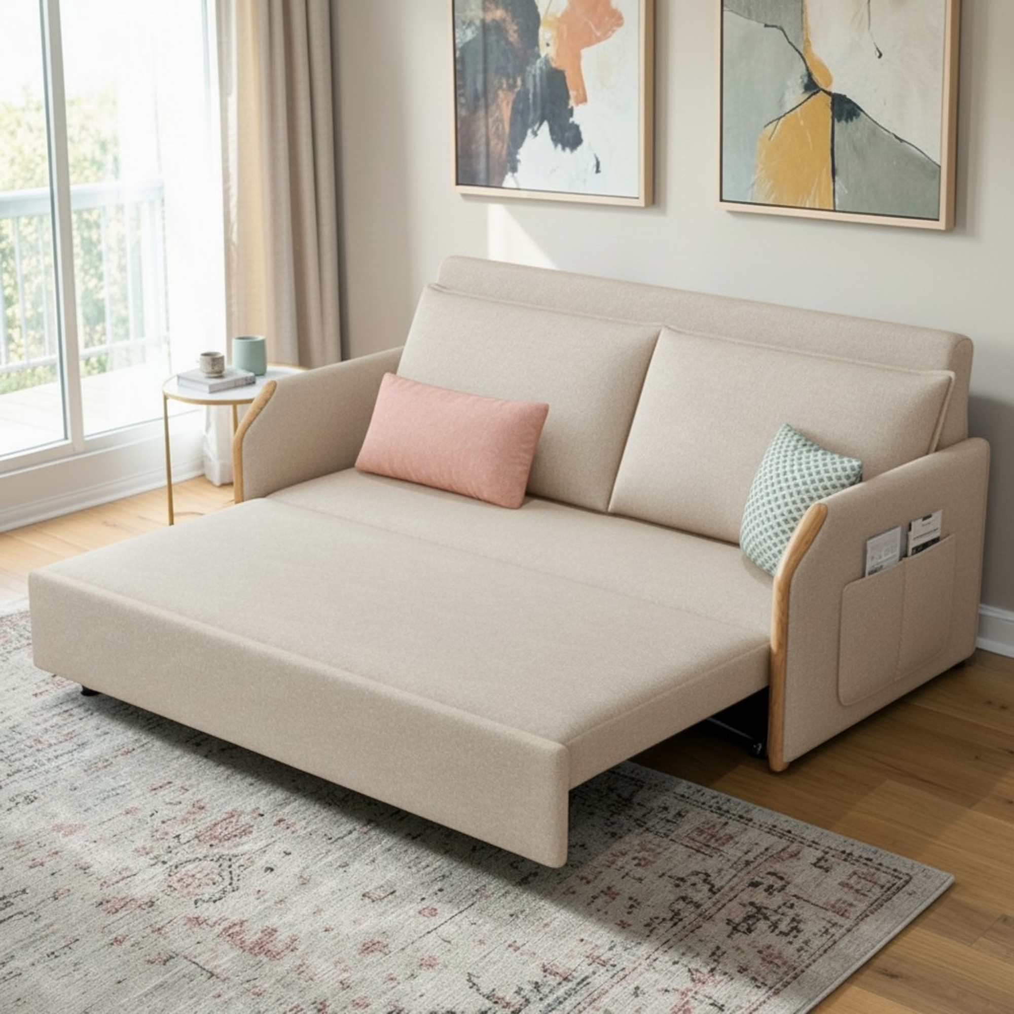 UNICORN FURNITURE Convertible Sofa Bed with Storage, King Size Pull Out Sofa Bed, 3 Seater Sofa Bed in Removable Cotton Fabric, Tool-Free Assembly Sofa Bed with Hidden Storage 170cm (Beige)