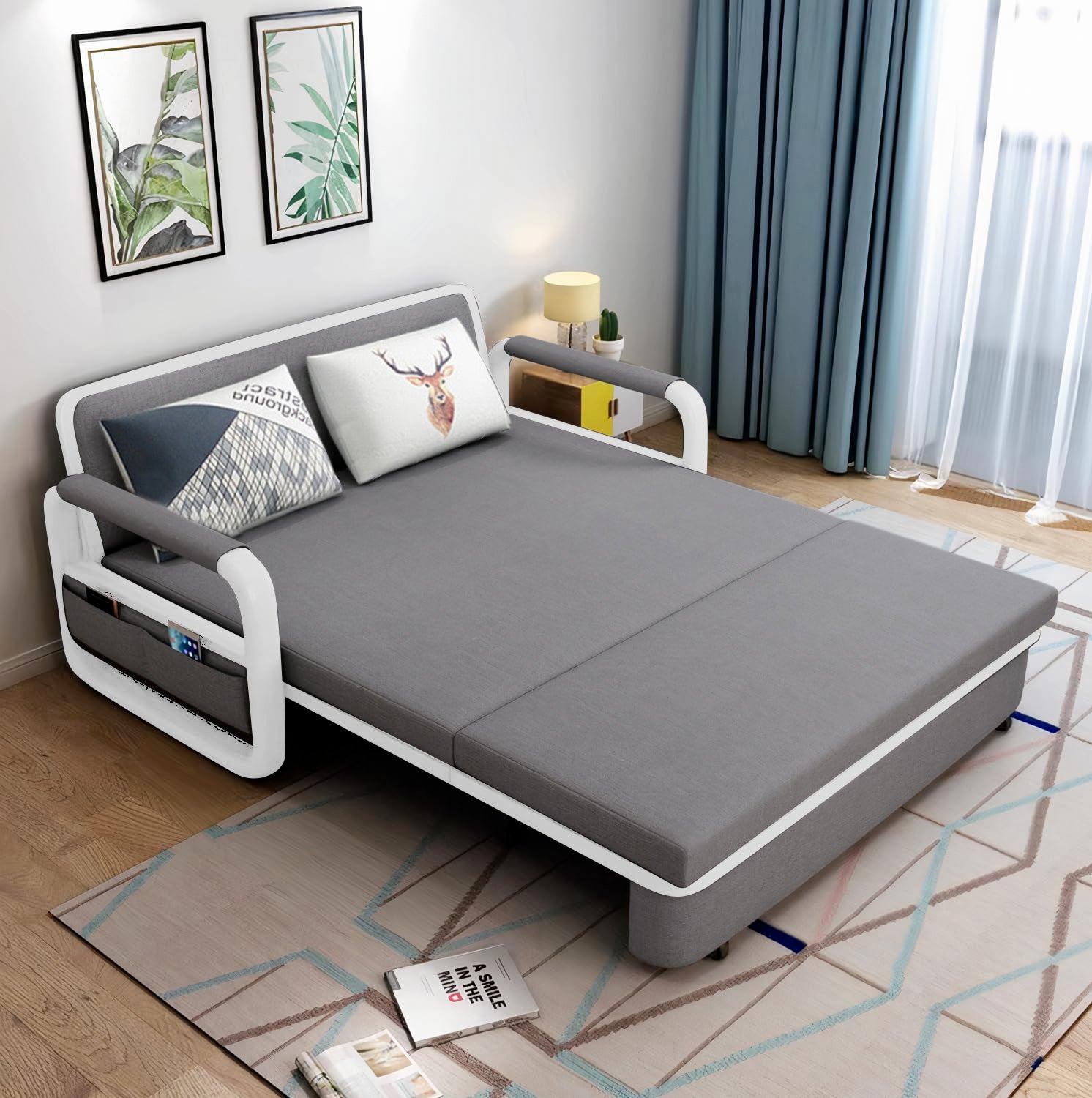 UNICORN FURNITURE Sofa Bed with Storage – Pull Out Sofa Bed with Storage for Small Spaces, Sleeper Couch with Armrest Pockets, Foldable Reclining Design, Easy Assembly, 158cm Width (Glacier Grey)