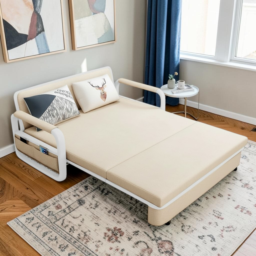 UNICORN FURNITURE Sofa Bed with Storage – Double Sofa Bed Pull Out, Convertible 2 Seater Sofa Bed, Reclining Sleeper Couch, Compact Space Saving Sofabed 158cm (Beige & White Frame)