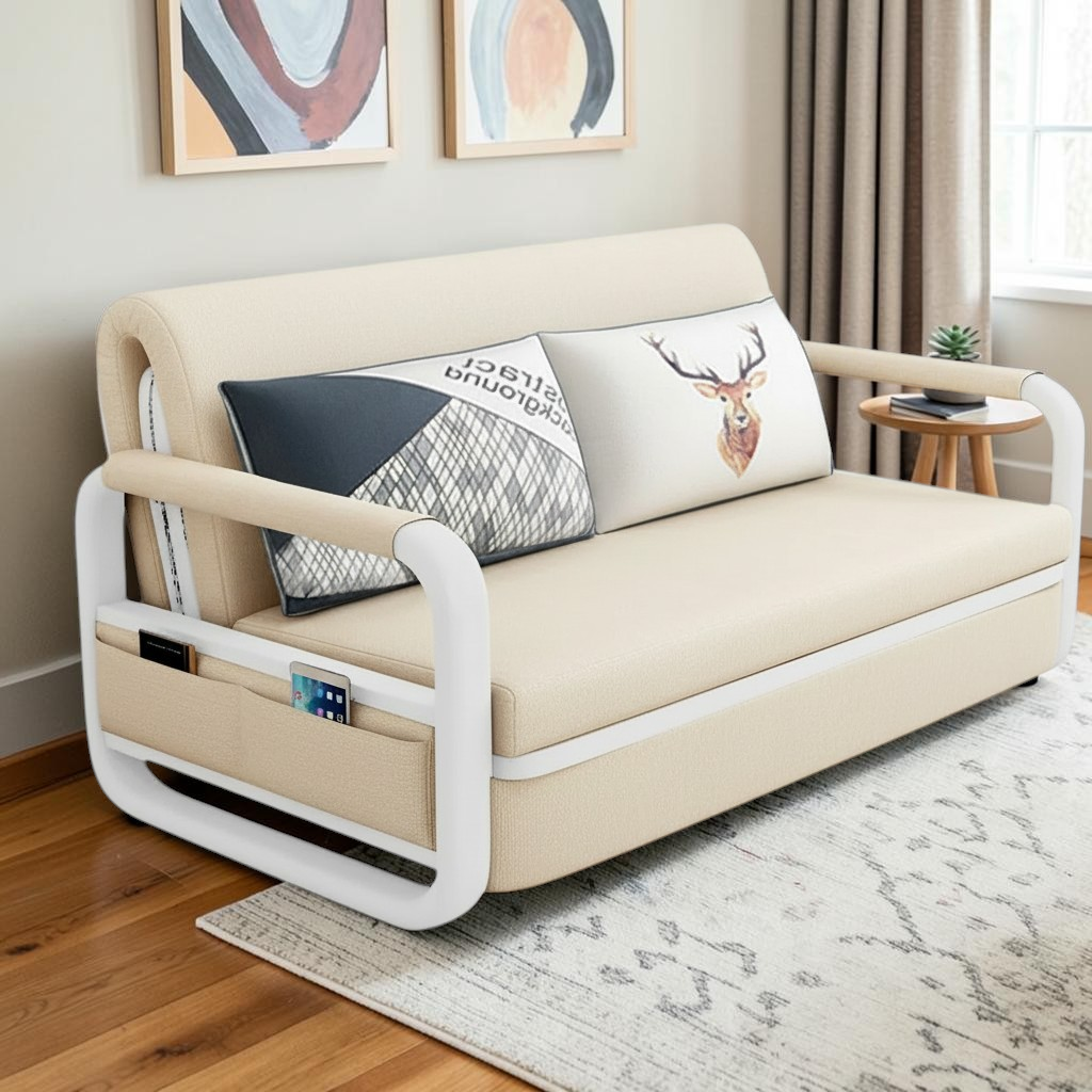 UNICORN FURNITURE Sofa Bed with Storage – Double Sofa Bed Pull Out, Convertible 2 Seater Sofa Bed, Reclining Sleeper Couch, Compact Space Saving Sofabed 158cm (Beige & White Frame)