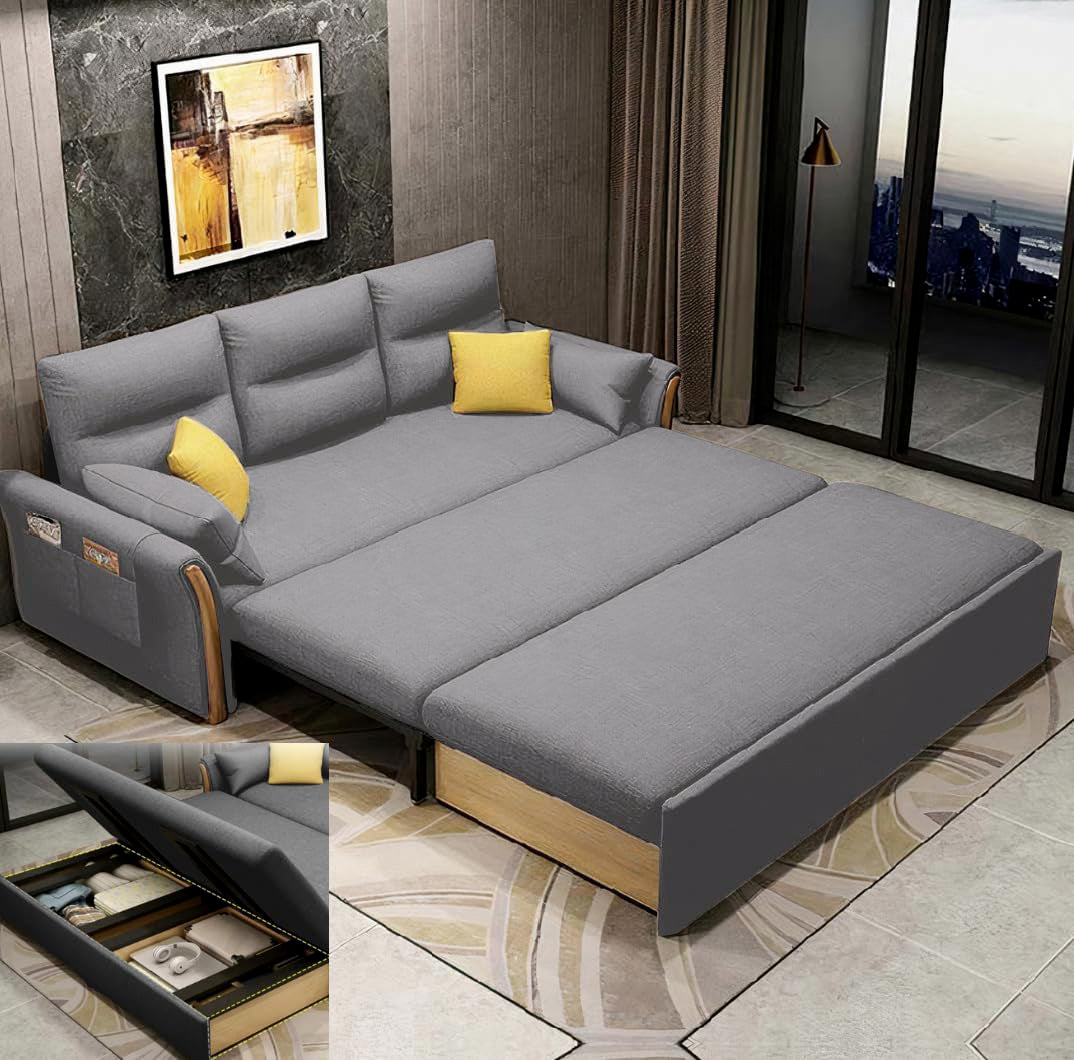 Unicorn Furniture Convertible Sofa Bed King Size Pull Out Sofa Bed with Storage in Cotton Fabric, Tool-Free Assembly, Modern Reclining Sofa Bed for Living Room, Guest Room, Small Spaces (Glacier Grey)