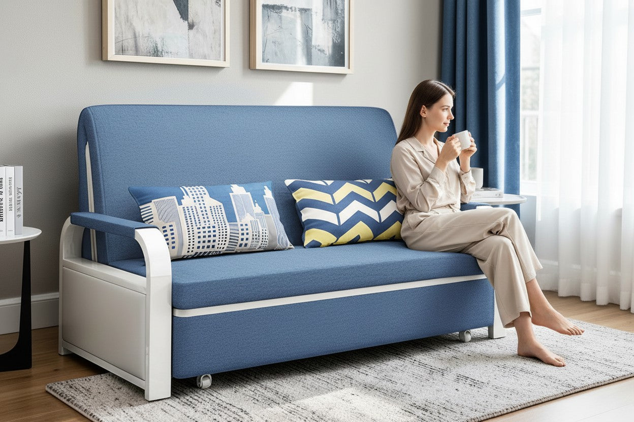 Unicorn Furniture Sofa Bed - Modern Foldable Bed Pull Out Sofa Bed with Storage Sofabed sofa cum bed in Made to Match Cushions (Blue/White)
