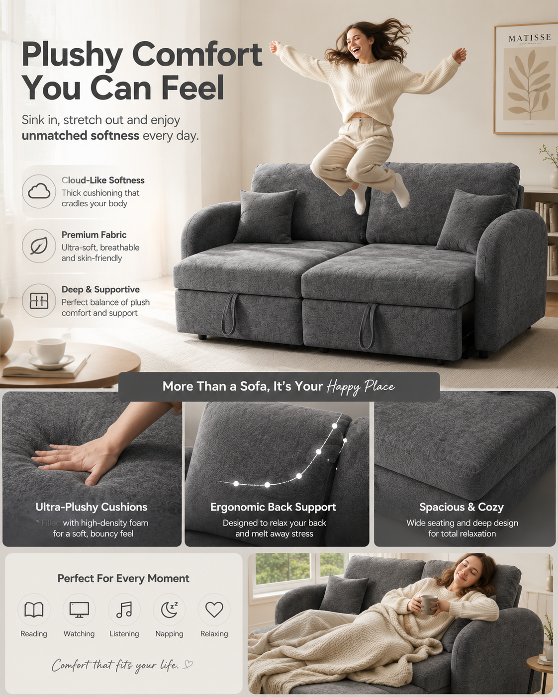 UNICORN FURNITURE Convertible 2 Seater Pull Out Sofa Bed with Storage & 5-Level Reclining Backrest – Dark Grey