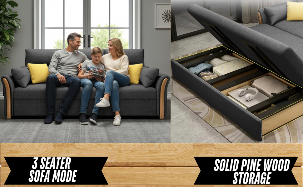 Unicorn Furniture Convertible Sofa Bed King Size Pull Out Sofabed with Storage in Cotton Fabric, Tool-Free Assembly, Modern Reclining Sleeper Couch for Living Room, Guest Room & Small Spaces (Grey)