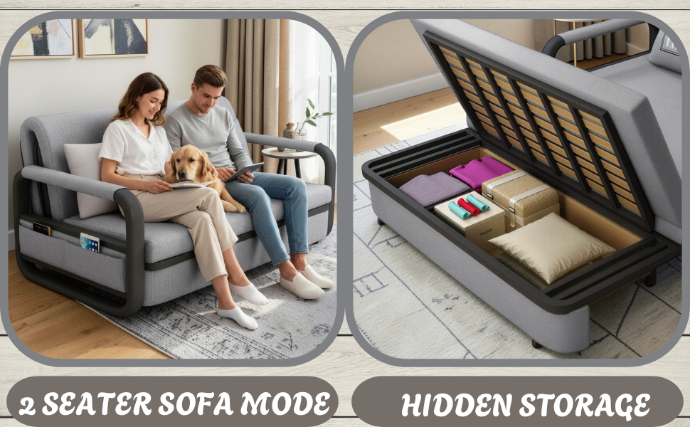UNICORN FURNITURE Pull Out Sofa Bed with Storage – Convertible 2 Seater Sofa Bed, Reclining Sleeper Couch, Compact Space Saving Sofabed for Living Room, Guest Room & Small Spaces 158cm (Glacier Grey)