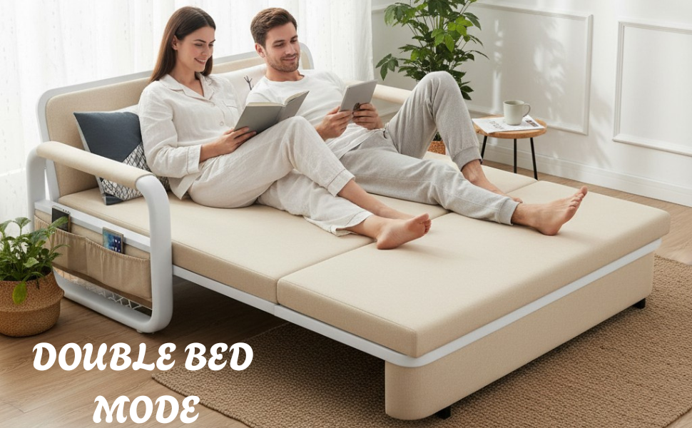 UNICORN FURNITURE Sofa Bed with Storage – Double Sofa Bed Pull Out, Convertible 2 Seater Sofa Bed, Reclining Sleeper Couch, Compact Space Saving Sofabed 158cm (Beige & White Frame)