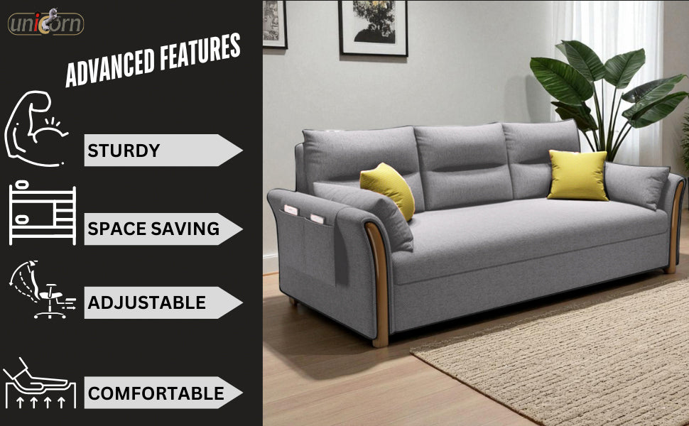 Unicorn Furniture Convertible Sofa Bed King Size Pull Out Sofa Bed with Storage in Cotton Fabric, Tool-Free Assembly, Modern Reclining Sofa Bed for Living Room, Guest Room, Small Spaces (Glacier Grey)