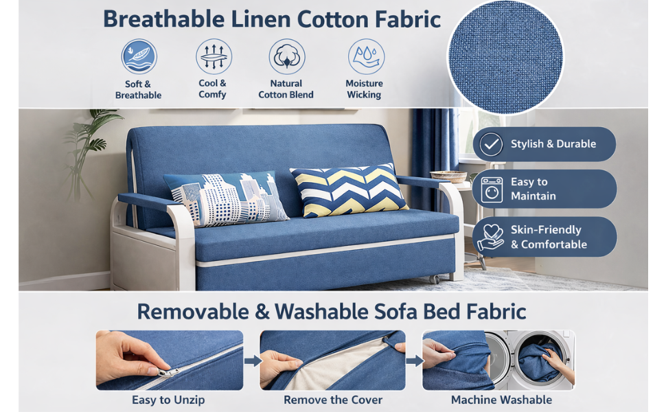Unicorn Furniture Sofa Bed - Modern Foldable Bed Pull Out Sofa Bed with Storage Sofabed sofa cum bed in Made to Match Cushions (Blue/White)