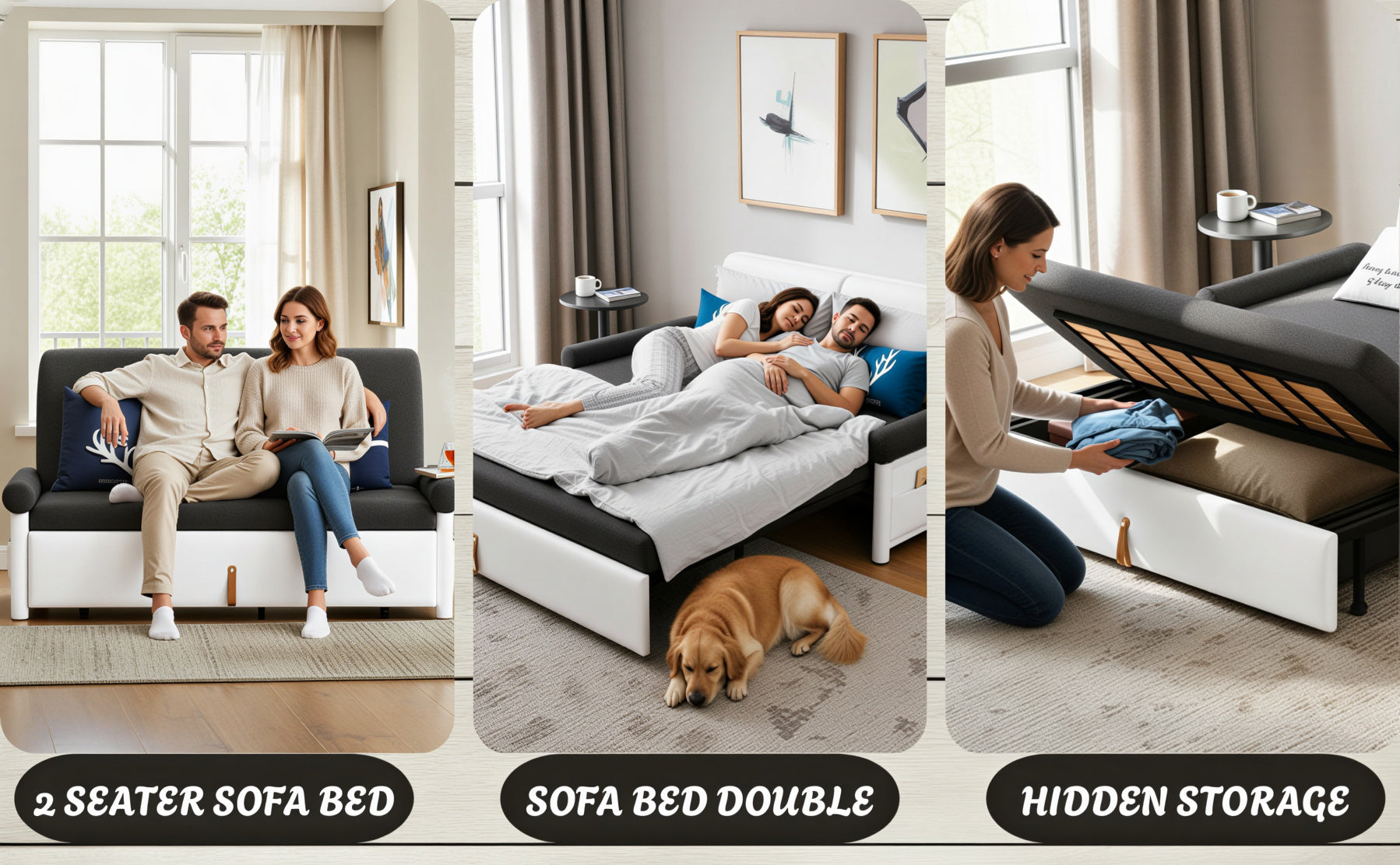UNICORN FURNITURE Convertible Sofa Bed Double with Storage – 2 Seater Pull Out Sofa Bed, Modern Sofa Bed Double Sleeper Couch for Living Room, Guest Room & Small Spaces (Dark Grey)