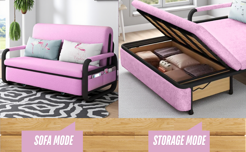 UNICORN FURNITURE Pull Out Sofa Bed with Storage – Convertible Reclining Compact Space Saving Sofabed for Small Spaces 158cm( Pink & Black)
