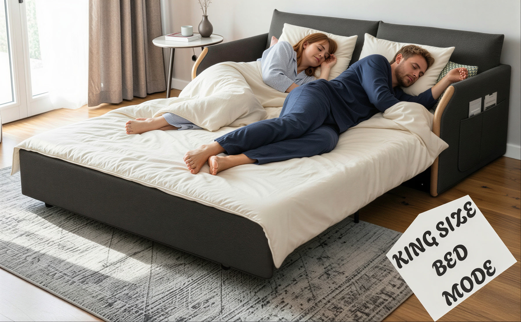 UNICORN FURNITURE Convertible Sofa Bed with Storage, King Size Pull Out Sofa Bed, 3 Seater Sofa Bed in Removable Cotton Fabric, Tool-Free Assembly Sofa Bed with Hidden Storage 170cm (Glacier Grey)