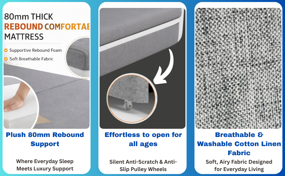 UNICORN FURNITURE Sofa Bed with Storage – Pull Out Sofa Bed with Storage for Small Spaces, Sleeper Couch with Armrest Pockets, Foldable Reclining Design, Easy Assembly, 158cm Width (Glacier Grey)