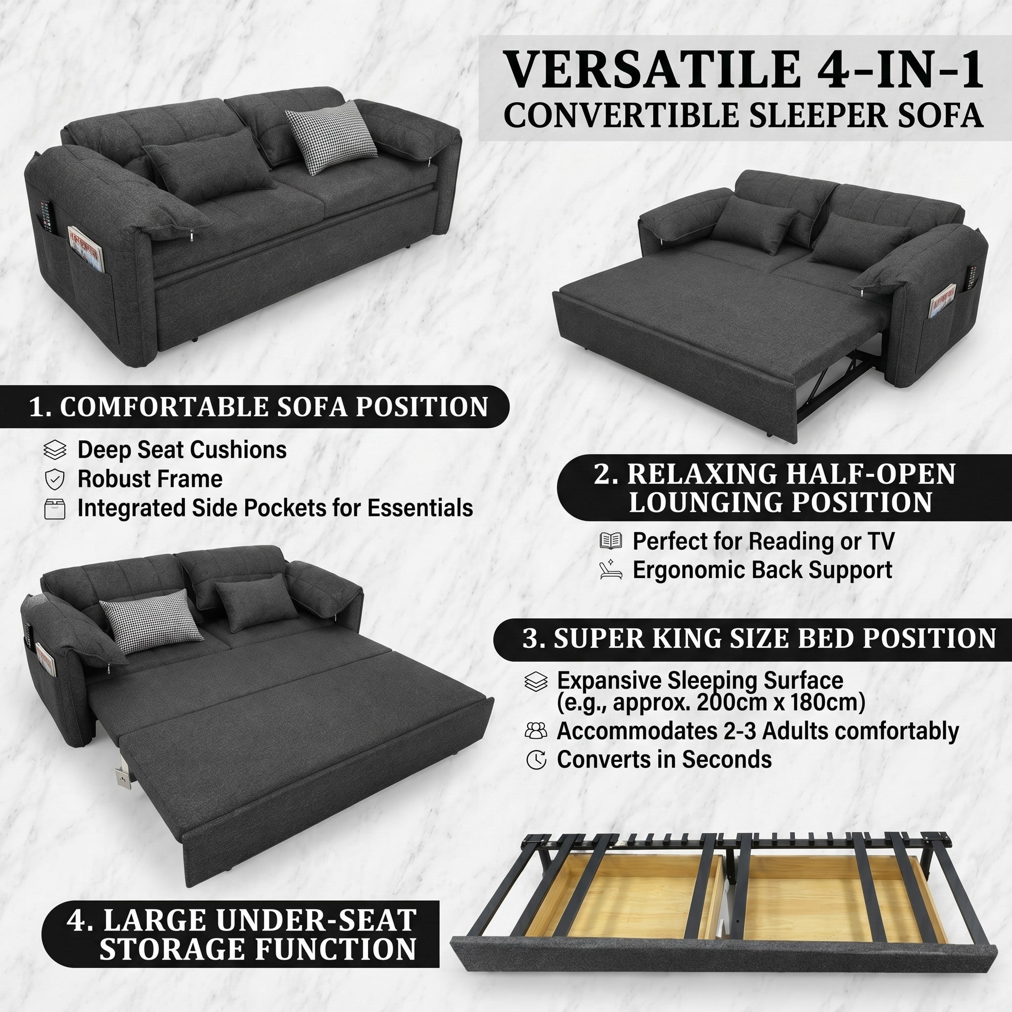 UNICORN FURNITURE Convertible Sofa Bed | Super King Pull Out Sofa Bed with Storage UK