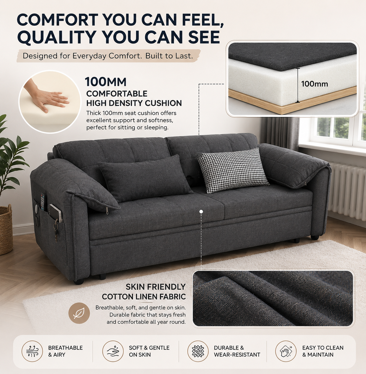 UNICORN FURNITURE Convertible Sofa Bed | Super King Pull Out Sofa Bed with Storage UK