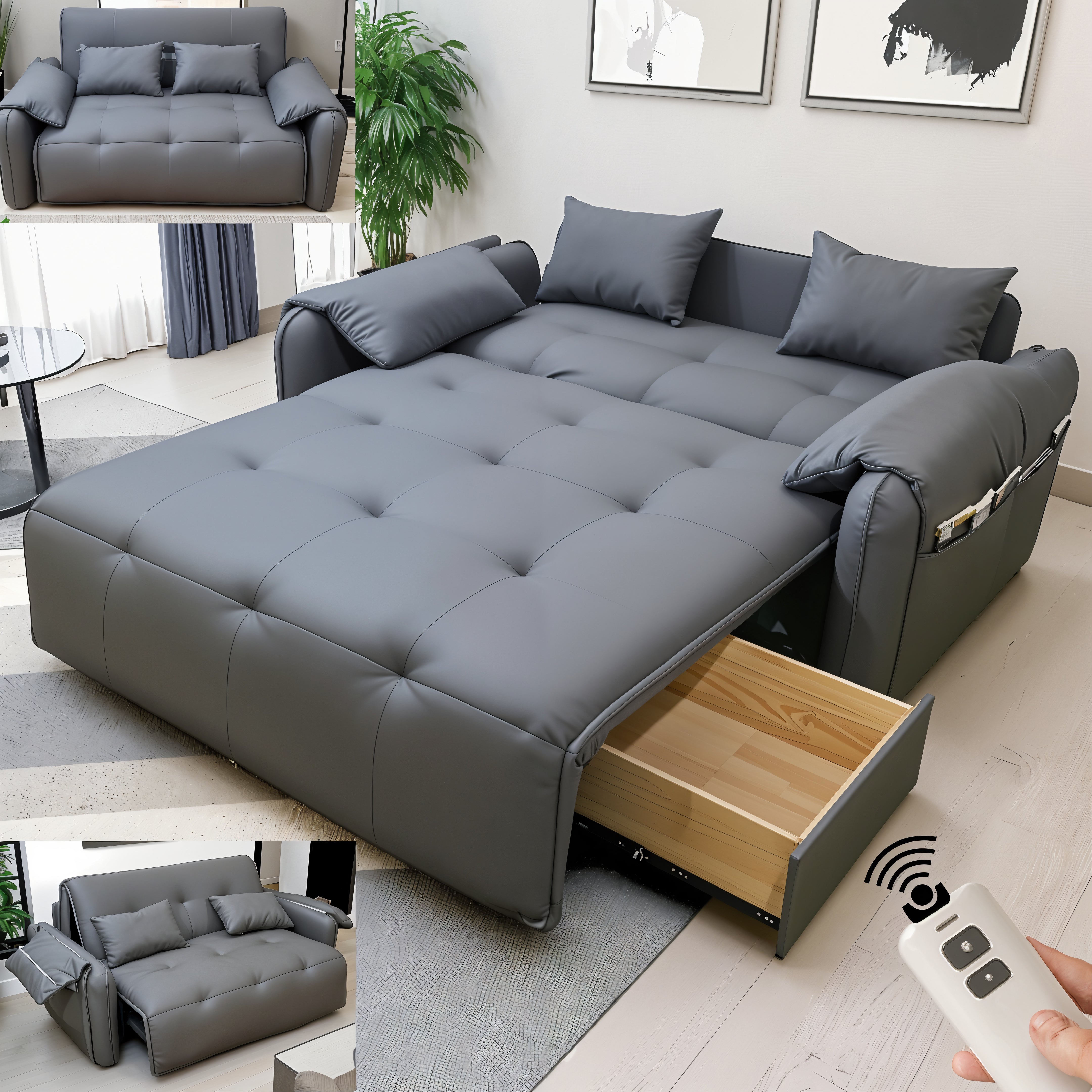 UNICORN FURNITURE Elephant Style Pull Out Sofa Bed Remote Control Recliner Motorised 3-Seater Pull Out Sofa Bed with Storage in Faux Leather with 5-Speed Adjustable Legrest, Ergonomic Support