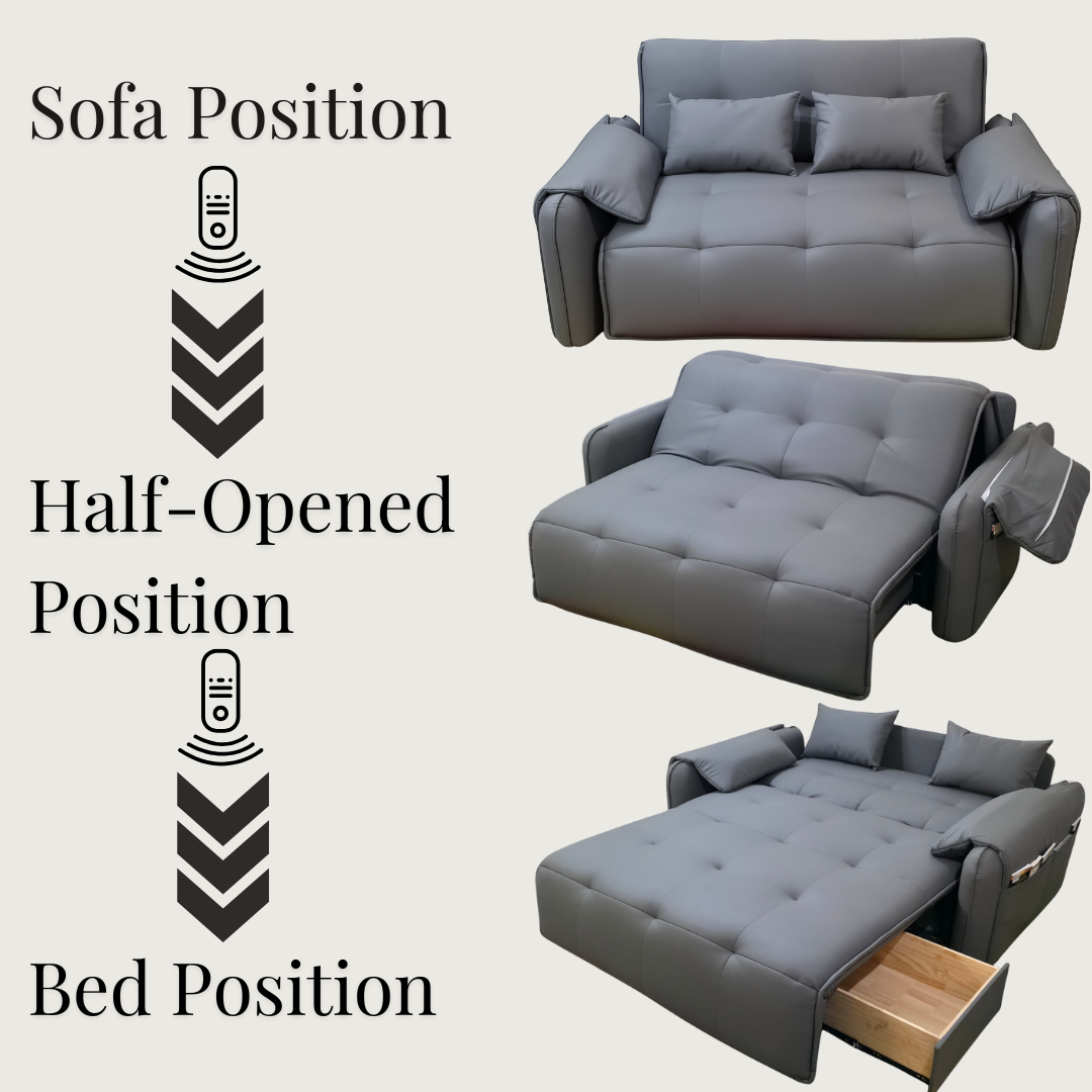 UNICORN FURNITURE Elephant Style Pull Out Sofa Bed Remote Control Recliner Motorised 3-Seater Pull Out Sofa Bed with Storage in Faux Leather with 5-Speed Adjustable Legrest, Ergonomic Support