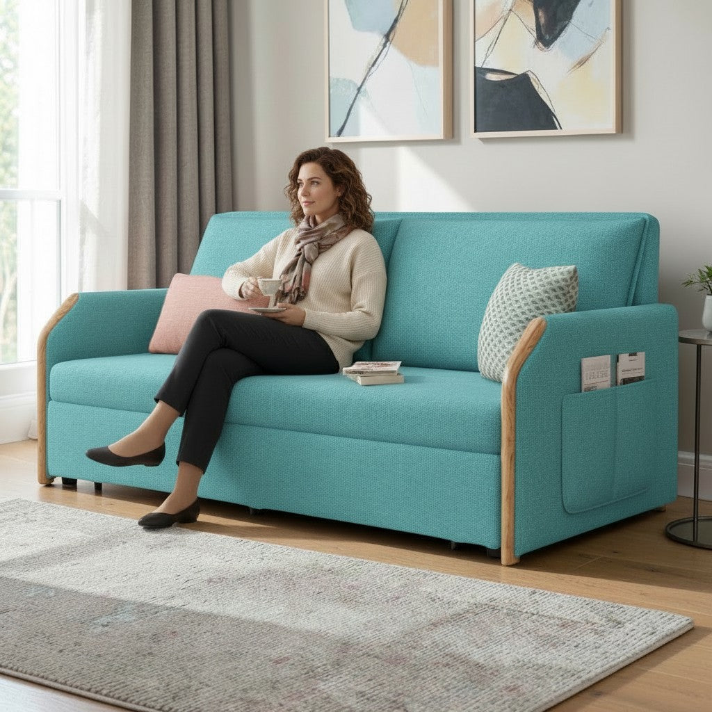 UNICORN FURNITURE Convertible Sofa Bed with Storage, King Size Pull Out Sofa Bed, 3 Seater Sofa Bed in Removable Cotton Fabric, Tool-Free Assembly Sofa Bed with Hidden Storage 170cm (Duck Egg Blue)