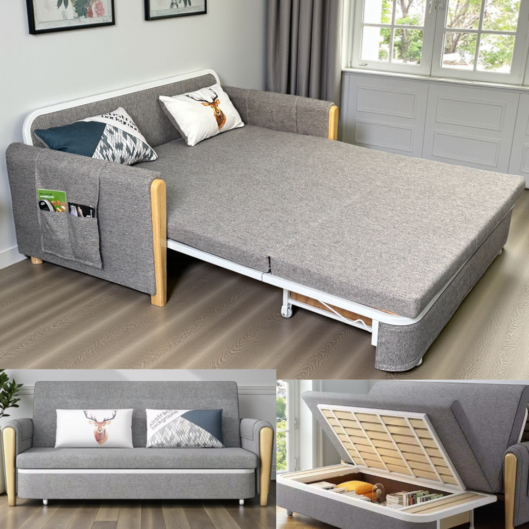 Unicorn Furniture Sofa Bed - Modern Foldable Bed - Pull Out Sofa Bed with Storage Breathable Cotton Linen Fabric- Sofabed- sofa cum bed in -Padded armrests (Grey)