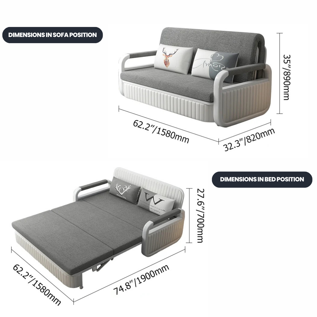 Unicorn Furniture Sofa Bed Modern Foldable Reclining Sleeper Bed Pull Out SofaBed with Storage Upholstered in Grey Cotton Linen & White Leather