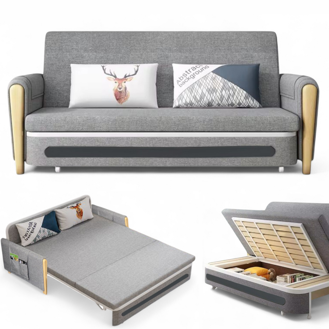 UNICORN FURNITURE Convertible Sleeper Sofa Bed Modern Reclining Foldable Bed Pull Out Sofa Bed With Storage Space Saving Multifunctional Sofabed (Grey/White Padded Armrests)