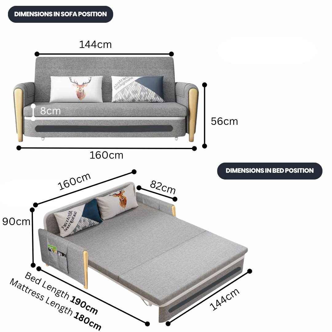 UNICORN FURNITURE Convertible Sleeper Sofa Bed Modern Reclining Foldable Bed Pull Out Sofa Bed With Storage Space Saving Multifunctional Sofabed (Grey/White Padded Armrests)