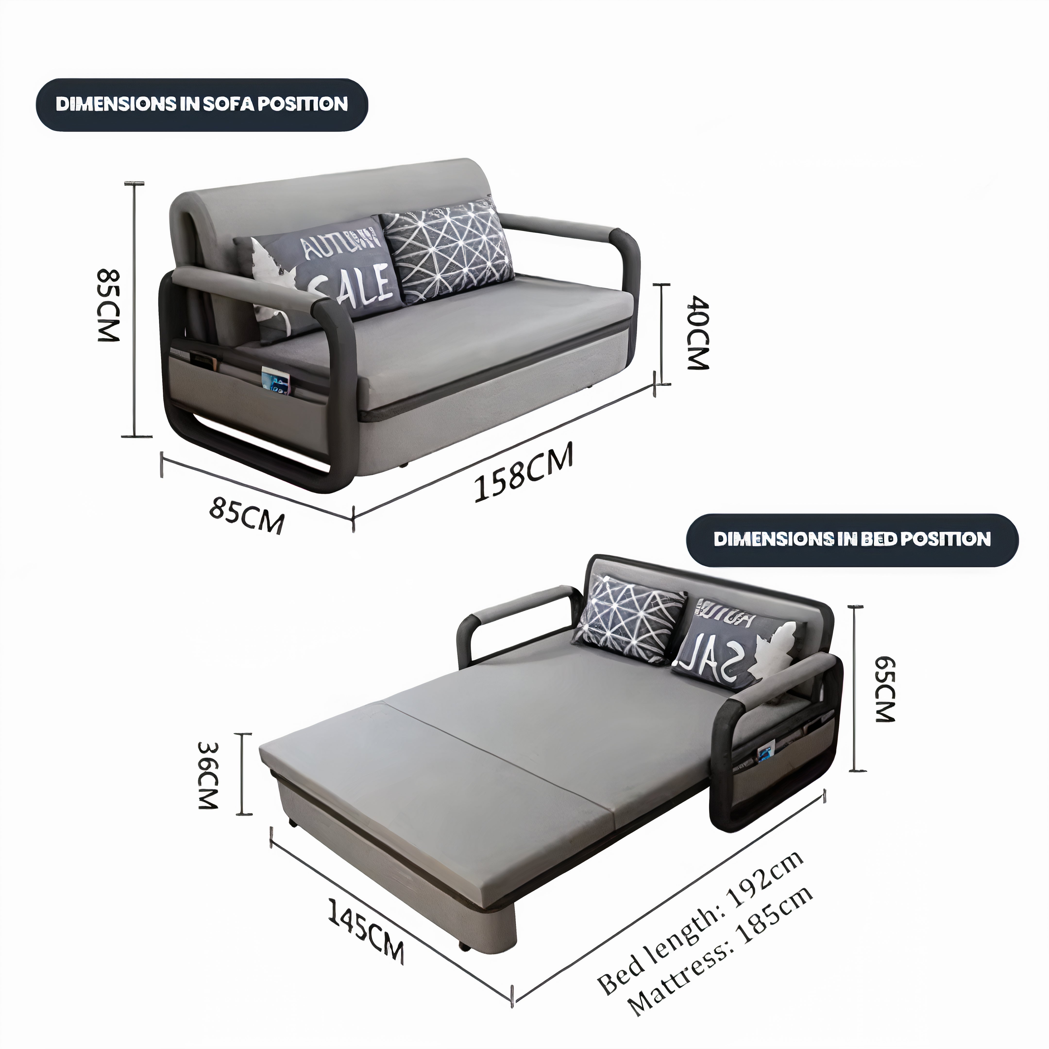 UNICORN FURNITURE Pull Out Sofa Bed with Storage – Convertible Reclining Compact Space Saving Sofabed for Small Spaces 158cm( Grey & Black)