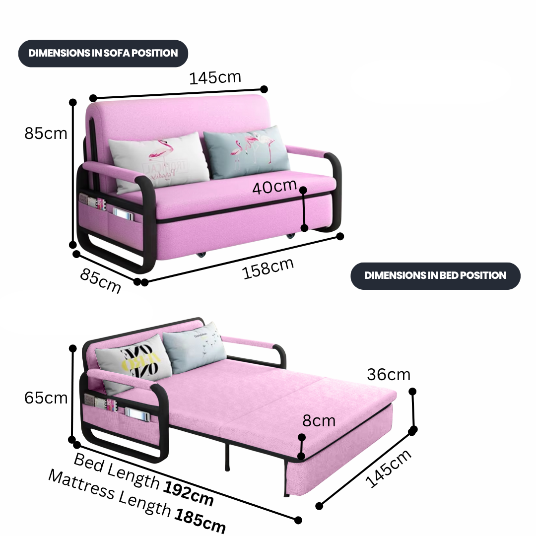 UNICORN FURNITURE Pull Out Sofa Bed with Storage – Convertible Reclining Compact Space Saving Sofabed for Small Spaces 158cm( Pink & Black)