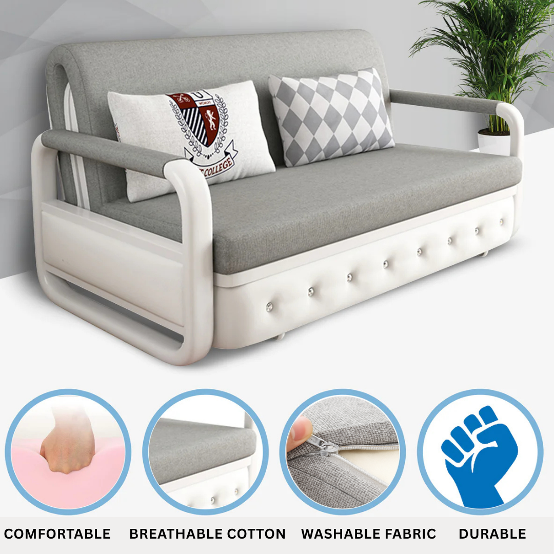 Unicorn Furniture Sofa Bed - Modern Foldable Bed Pull Out Sofa Bed with Storage Sofabed (grey fabric on white leather)