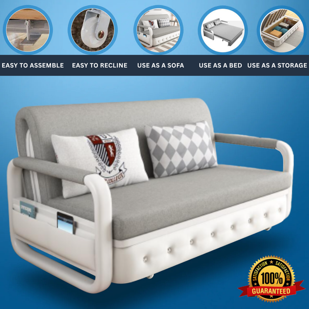Unicorn Furniture Sofa Bed - Modern Foldable Bed Pull Out Sofa Bed with Storage Sofabed (grey fabric on white leather)