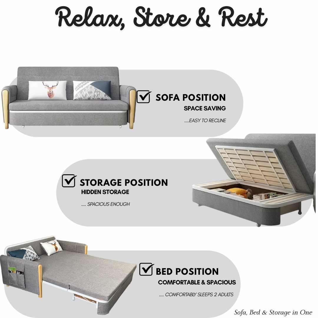 Unicorn Furniture Sofa Bed - Modern Foldable Bed - Pull Out Sofa Bed with Storage Breathable Cotton Linen Fabric- Sofabed- sofa cum bed in -Padded armrests (Grey)