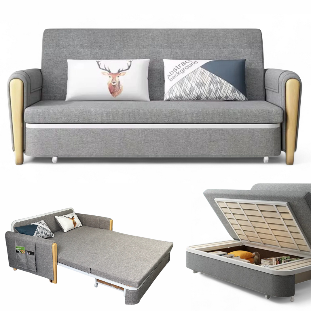 Unicorn Furniture Sofa Bed - Modern Foldable Bed - Pull Out Sofa Bed with Storage Breathable Cotton Linen Fabric- Sofabed- sofa cum bed in -Padded armrests (Grey)