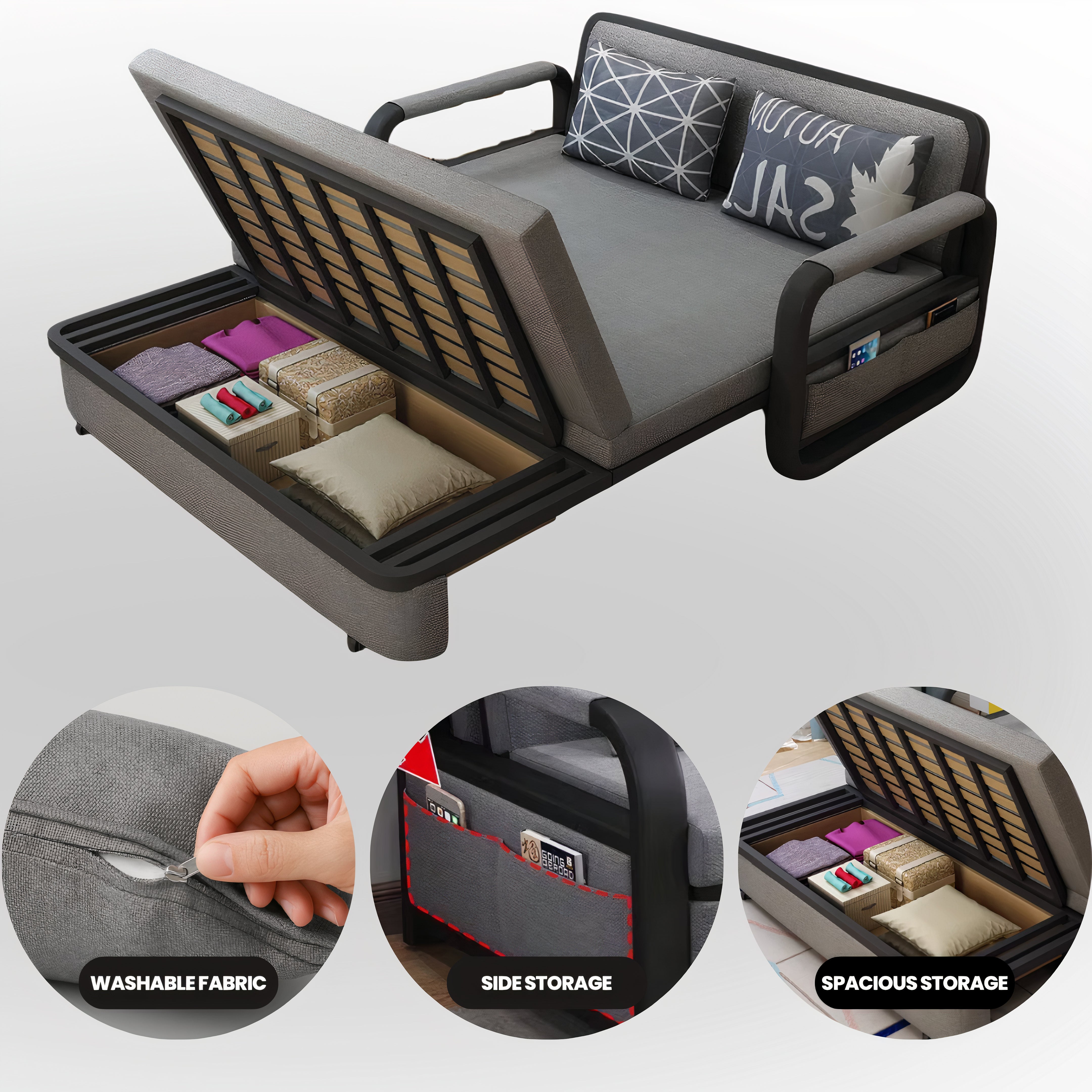 UNICORN FURNITURE Pull Out Sofa Bed with Storage – Convertible Reclining Compact Space Saving Sofabed for Small Spaces 158cm( Grey & Black)