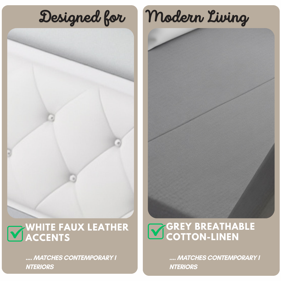 UNICORN FURNITURE Double Pull-Out Sofa Bed with Storage (158cm) – Grey Fabric + White Faux Leather | Convertible Sleeper Sofa Bed for Small Spaces