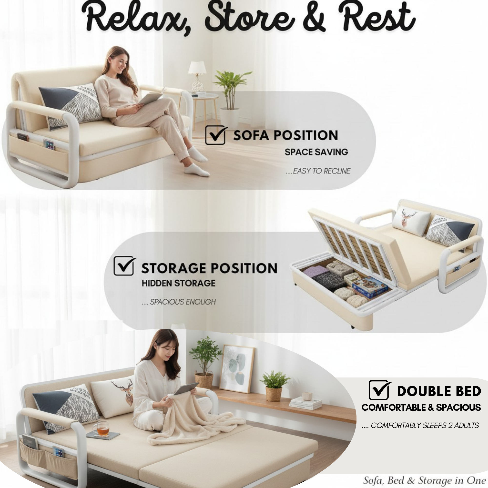 UNICORN FURNITURE Sofa Bed with Storage – Double Sofa Bed Pull Out, Convertible 2 Seater Sofa Bed, Reclining Sleeper Couch, Compact Space Saving Sofabed 158cm (Beige & White Frame)