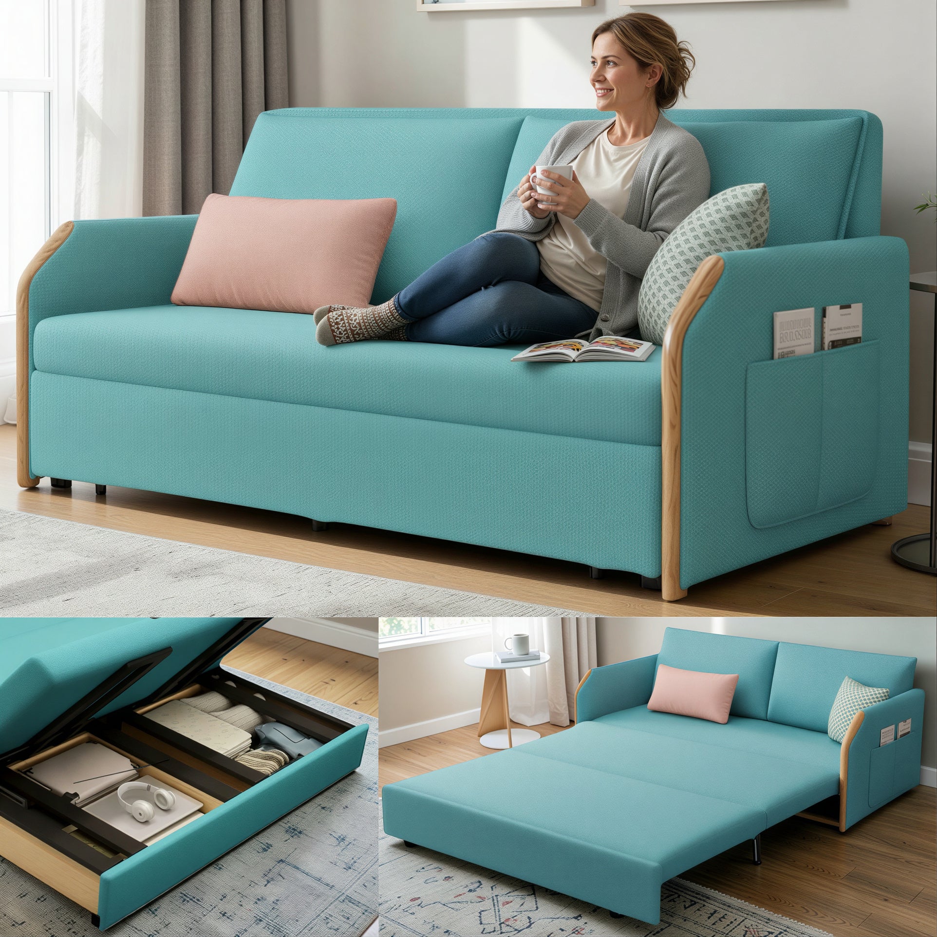 UNICORN FURNITURE Convertible Sofa Bed with Storage, King Size Pull Out Sofa Bed, 3 Seater Sofa Bed in Removable Cotton Fabric, Tool-Free Assembly Sofa Bed with Hidden Storage 170cm (Duck Egg Blue)