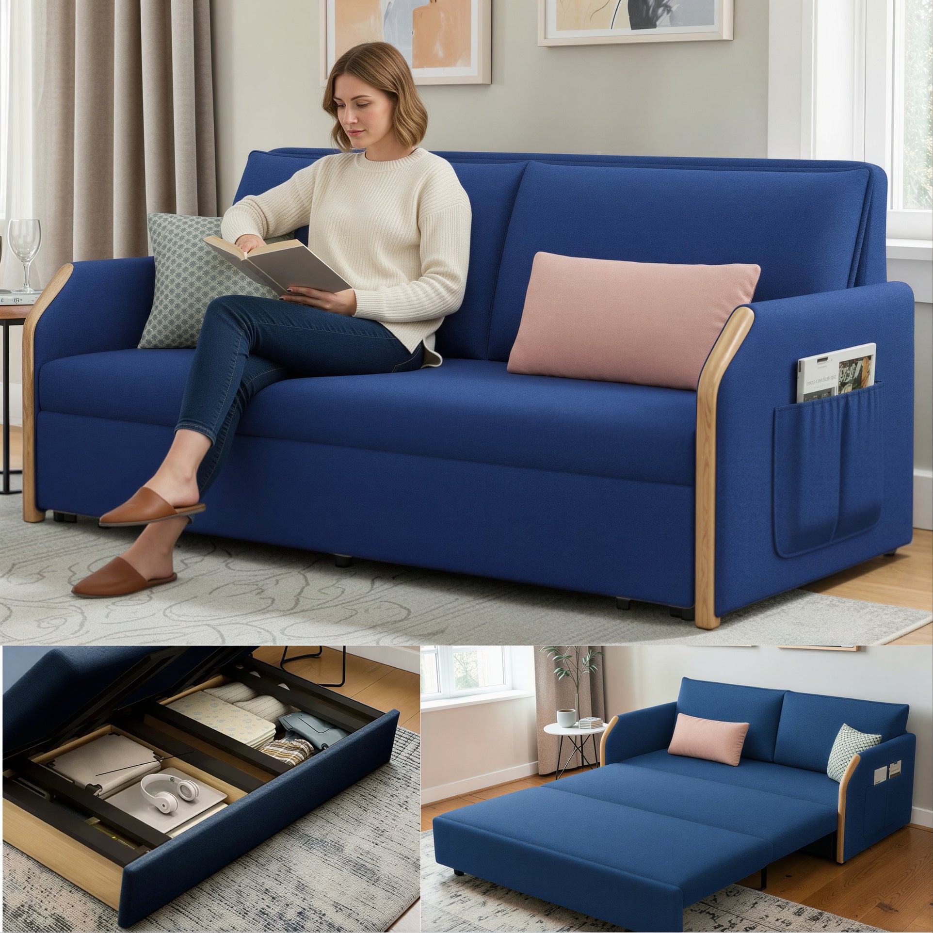 UNICORN FURNITURE Convertible Sofa Bed with Storage, King Size Pull Out Sofa Bed, 3 Seater Sofa Bed in Removable Cotton Fabric, Tool-Free Assembly Sofa Bed with Hidden Storage 170cm (Blue)