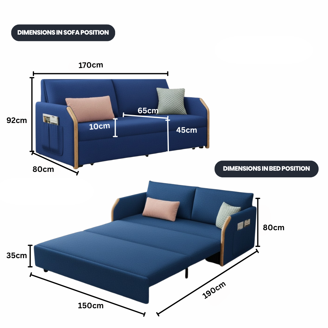 UNICORN FURNITURE Convertible Sofa Bed with Storage, King Size Pull Out Sofa Bed, 3 Seater Sofa Bed in Removable Cotton Fabric, Tool-Free Assembly Sofa Bed with Hidden Storage 170cm (Blue)