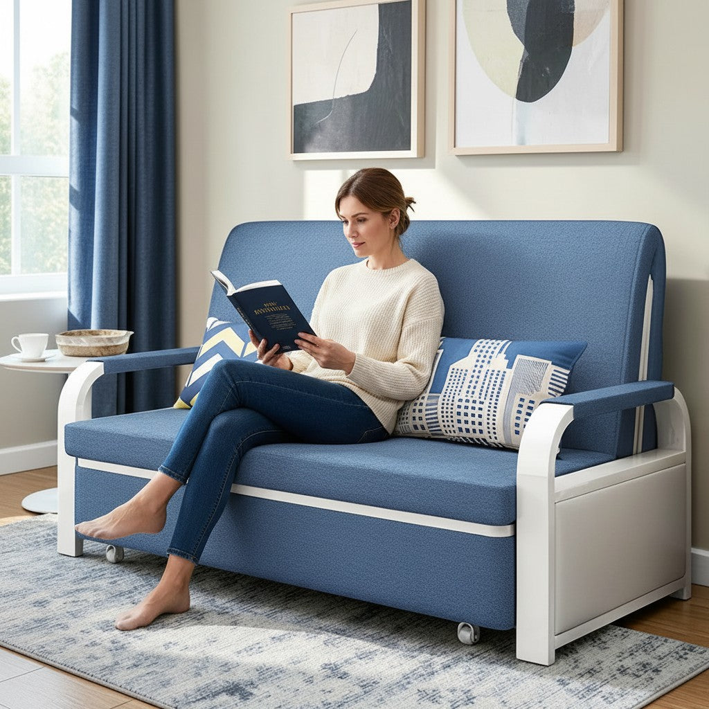 Unicorn Furniture Sofa Bed - Modern Foldable Bed Pull Out Sofa Bed with Storage Sofabed sofa cum bed in Made to Match Cushions (Blue/White)