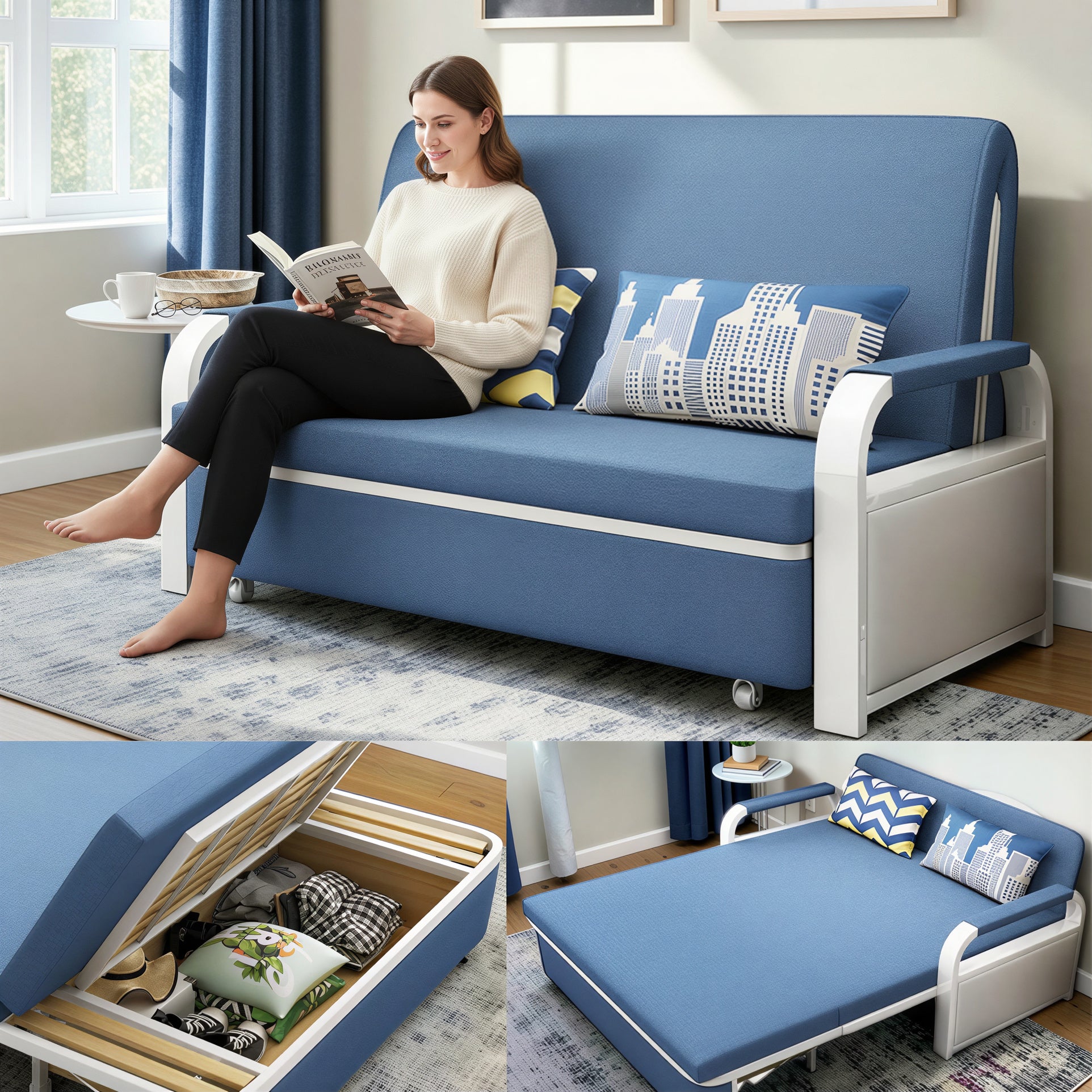 Unicorn Furniture Sofa Bed - Modern Foldable Bed Pull Out Sofa Bed with Storage Sofabed sofa cum bed in Made to Match Cushions (Blue/White)