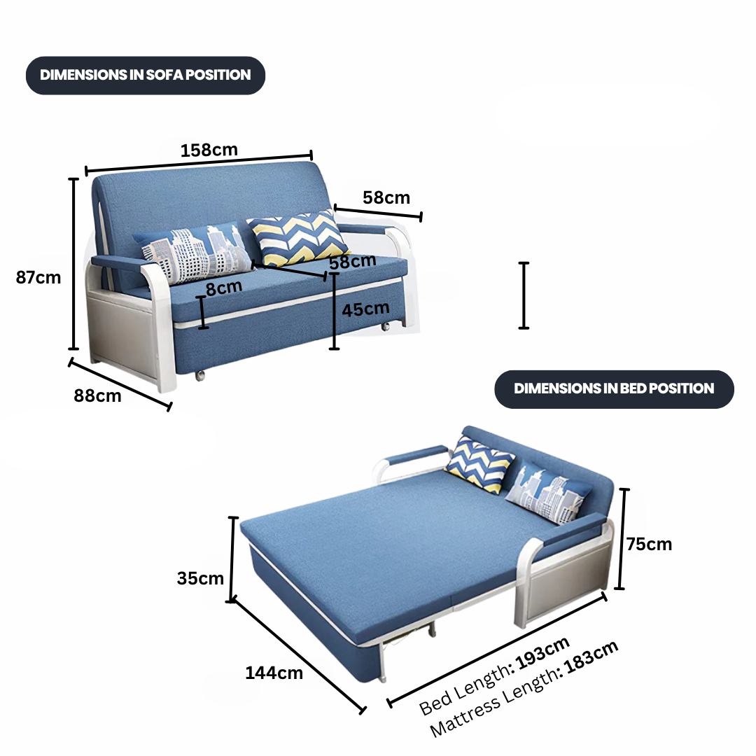 Unicorn Furniture Sofa Bed - Modern Foldable Bed Pull Out Sofa Bed with Storage Sofabed sofa cum bed in Made to Match Cushions (Blue/White)