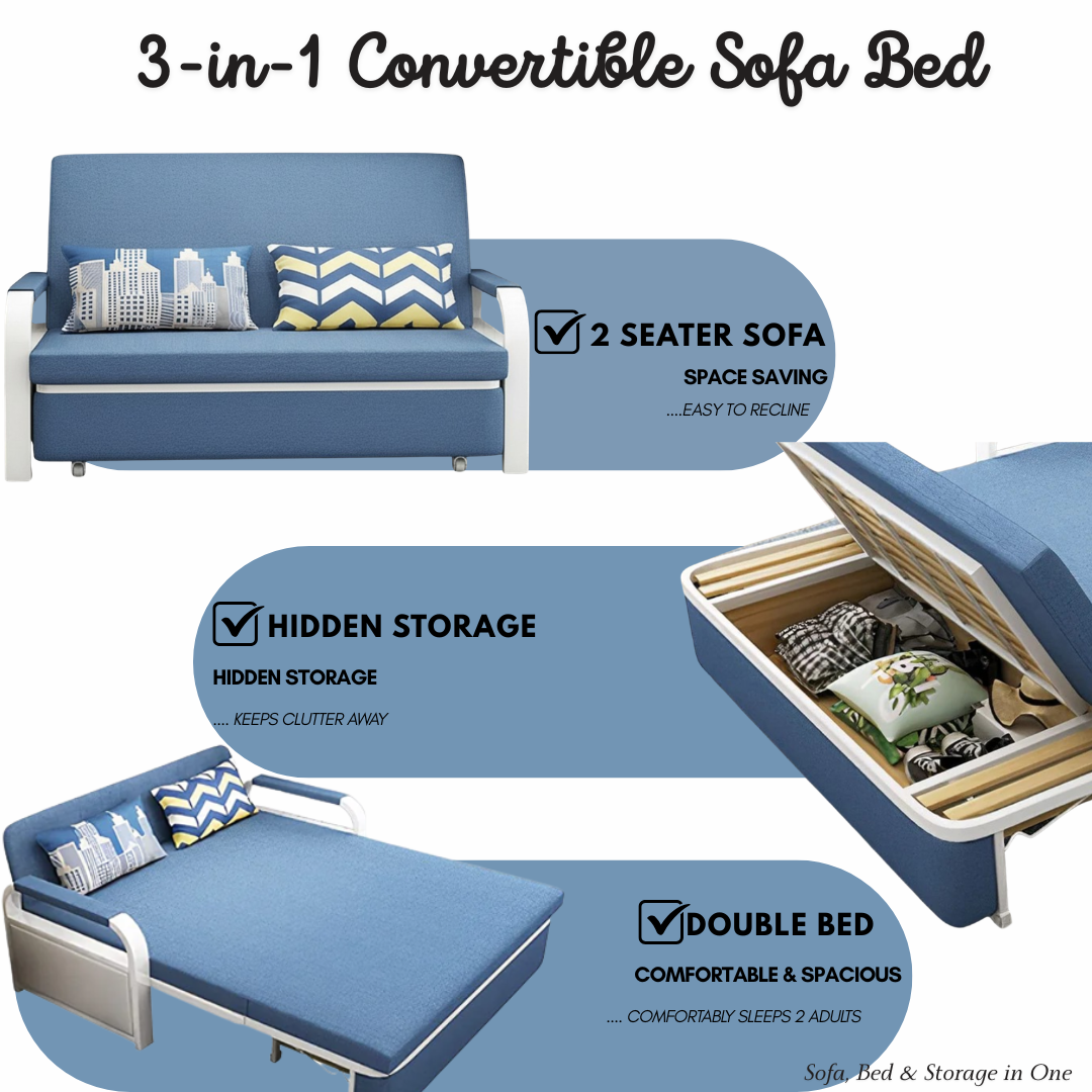 Unicorn Furniture Sofa Bed - Modern Foldable Bed Pull Out Sofa Bed with Storage Sofabed sofa cum bed in Made to Match Cushions (Blue/White)