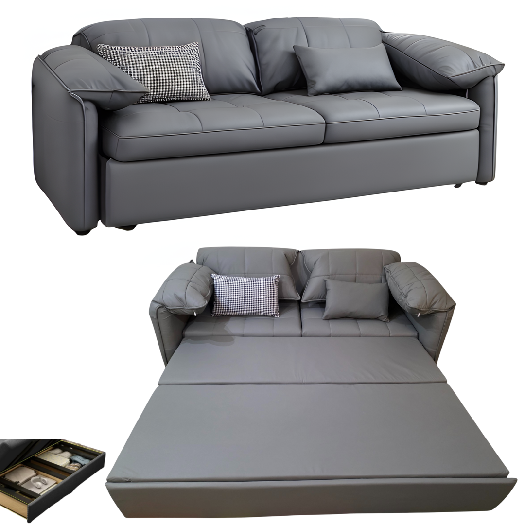 UNICORN FURNITURE Elephant-Style King Size Pull-Out Sofa Bed with Storage – Grey Leather Convertible Couch