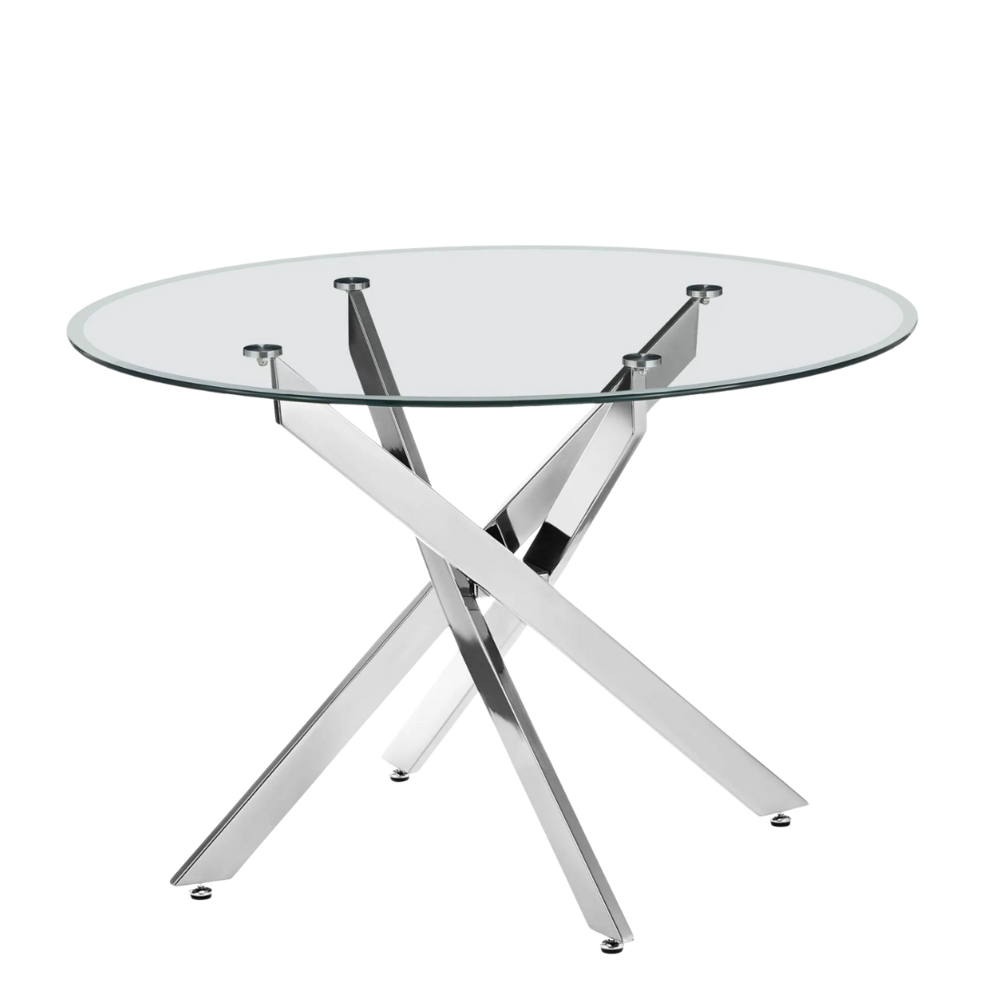 UNICORN FURNITURE 100cm Round Glass Dining Table Set with 4 Faux Leather Chairs – Modern Chrome Nest Design, Tempered Glass Top, for Kitchen & Dining Room